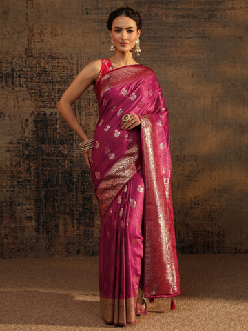 Pink Floral Woven Design Silk Blend Saree With Unstitched Blouse Piece