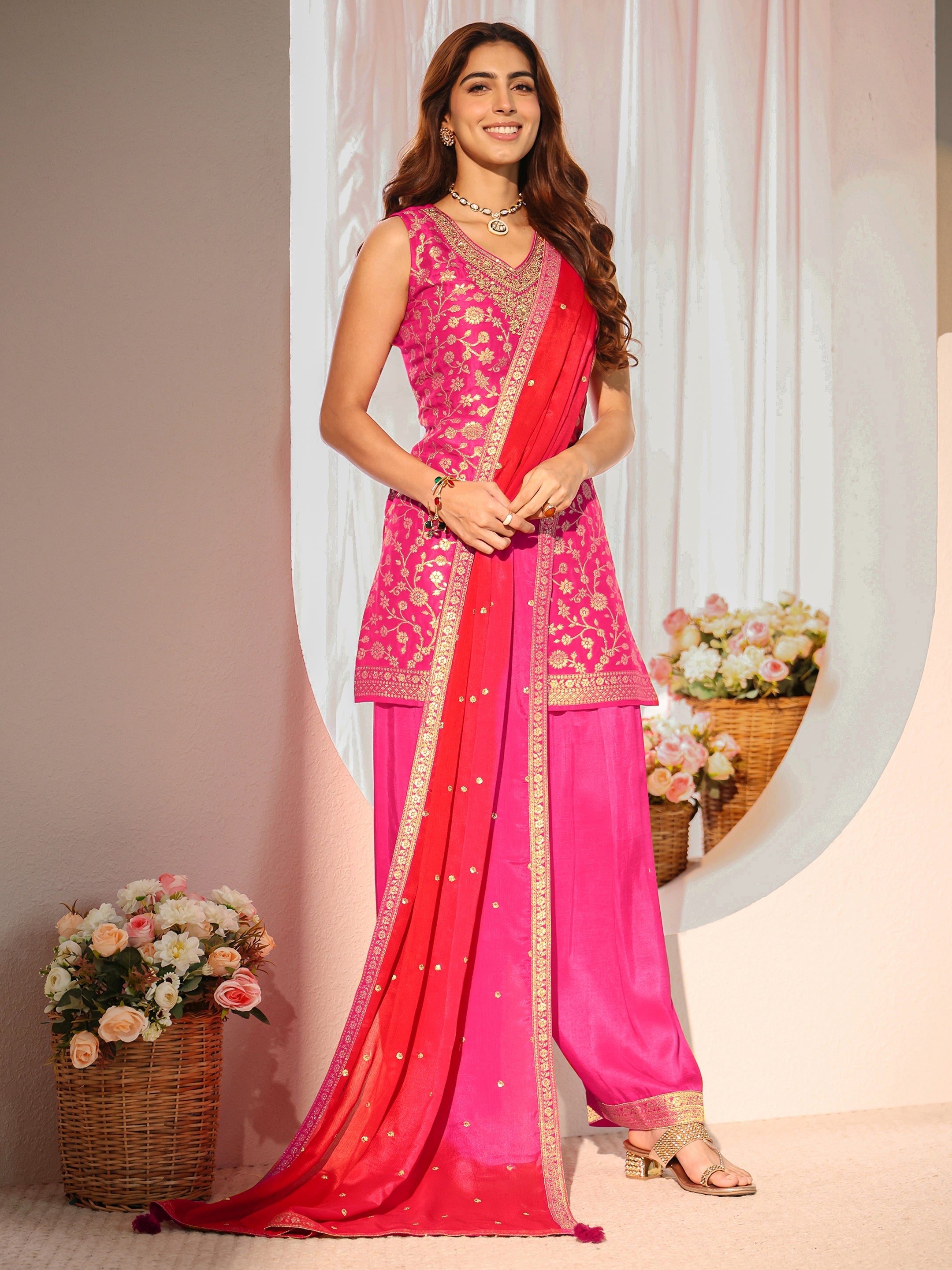 Pink Floral Woven Design Silk Blend Straight Suit Set With Dupatta-image-21