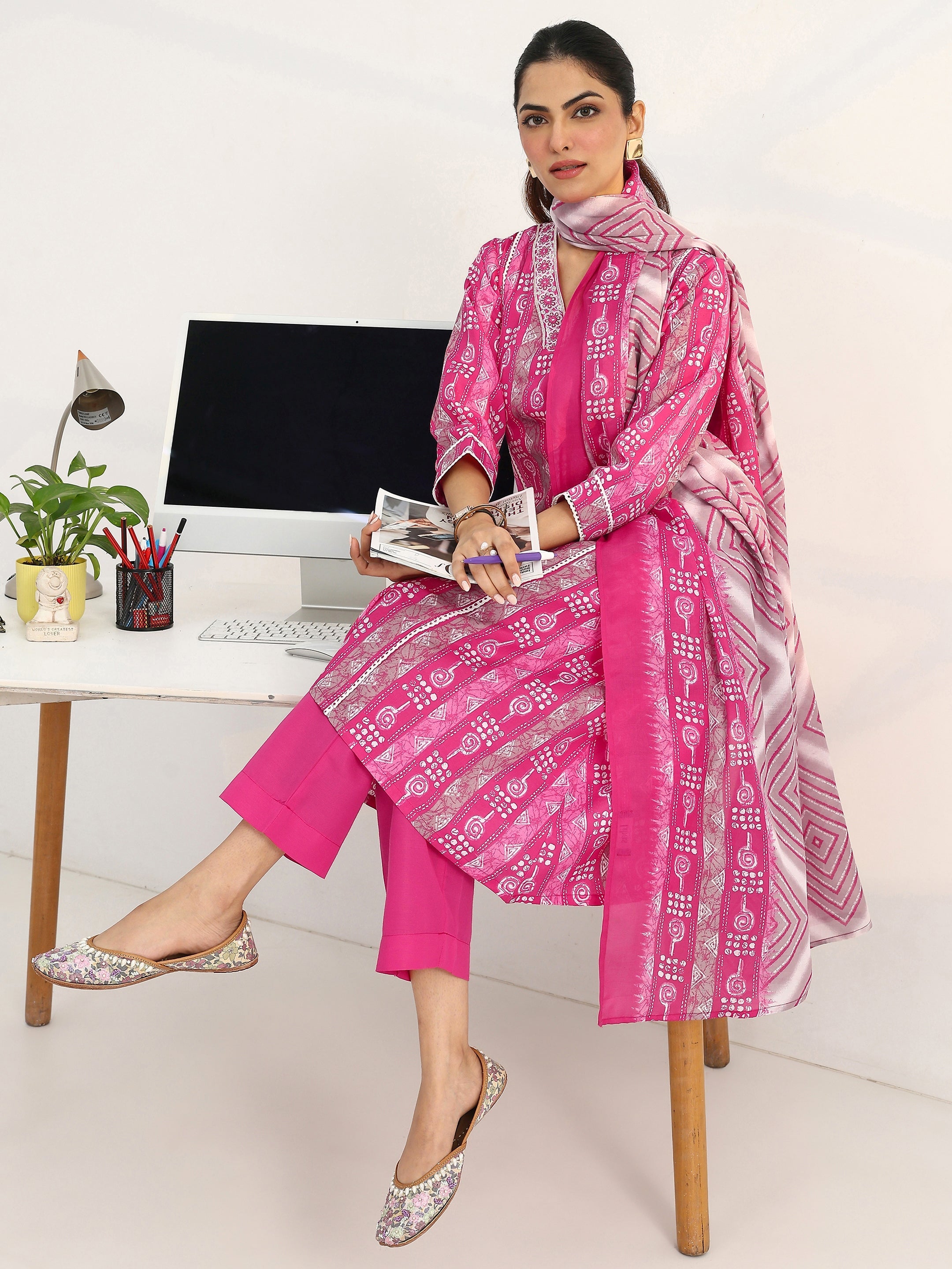 libas Pink Poise Ethnic Printed Cotton Blend Straight Suit Set-picture-38