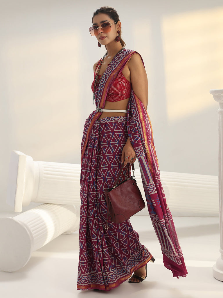 Libas Pink Geometric Printed Cotton Saree