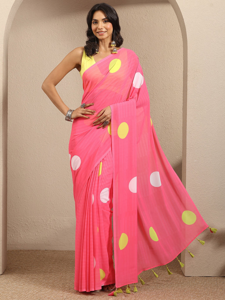 Libas Pink Geometric Printed Georgette Saree With Unstitched Blouse Piece