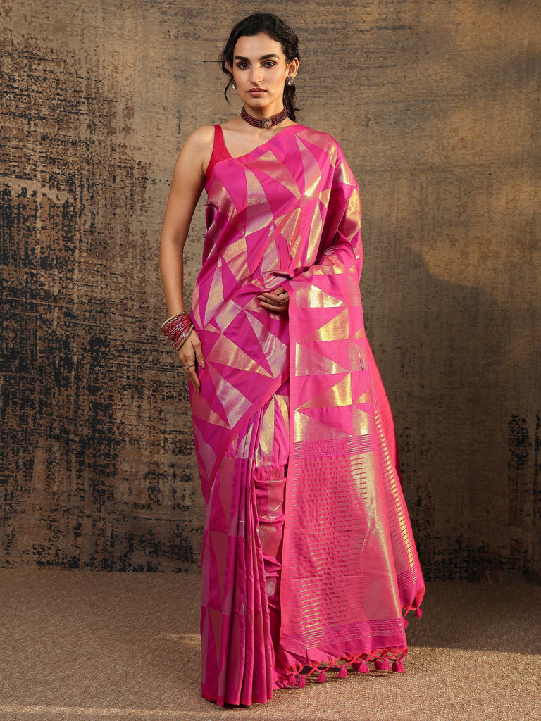 Libas Pink Geometric Woven Design Silk Blend Saree With Unstitched Blouse Piece