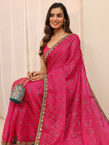 Pink Gharchola Silk Blend Saree 
With Unstitched Blouse Piece