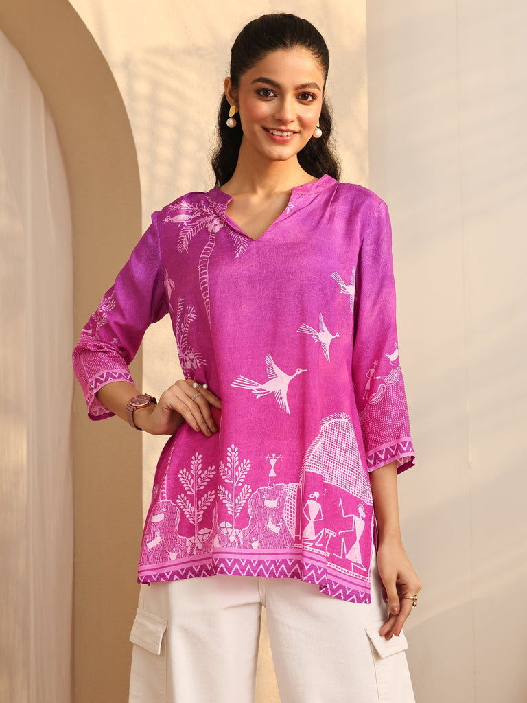 Libas Pink Humanoid Printed Silk Blend Straight Short Kurti
