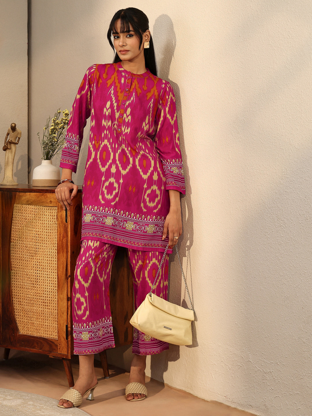  Pink Ikat Printed Rayon Co-Ord Set 