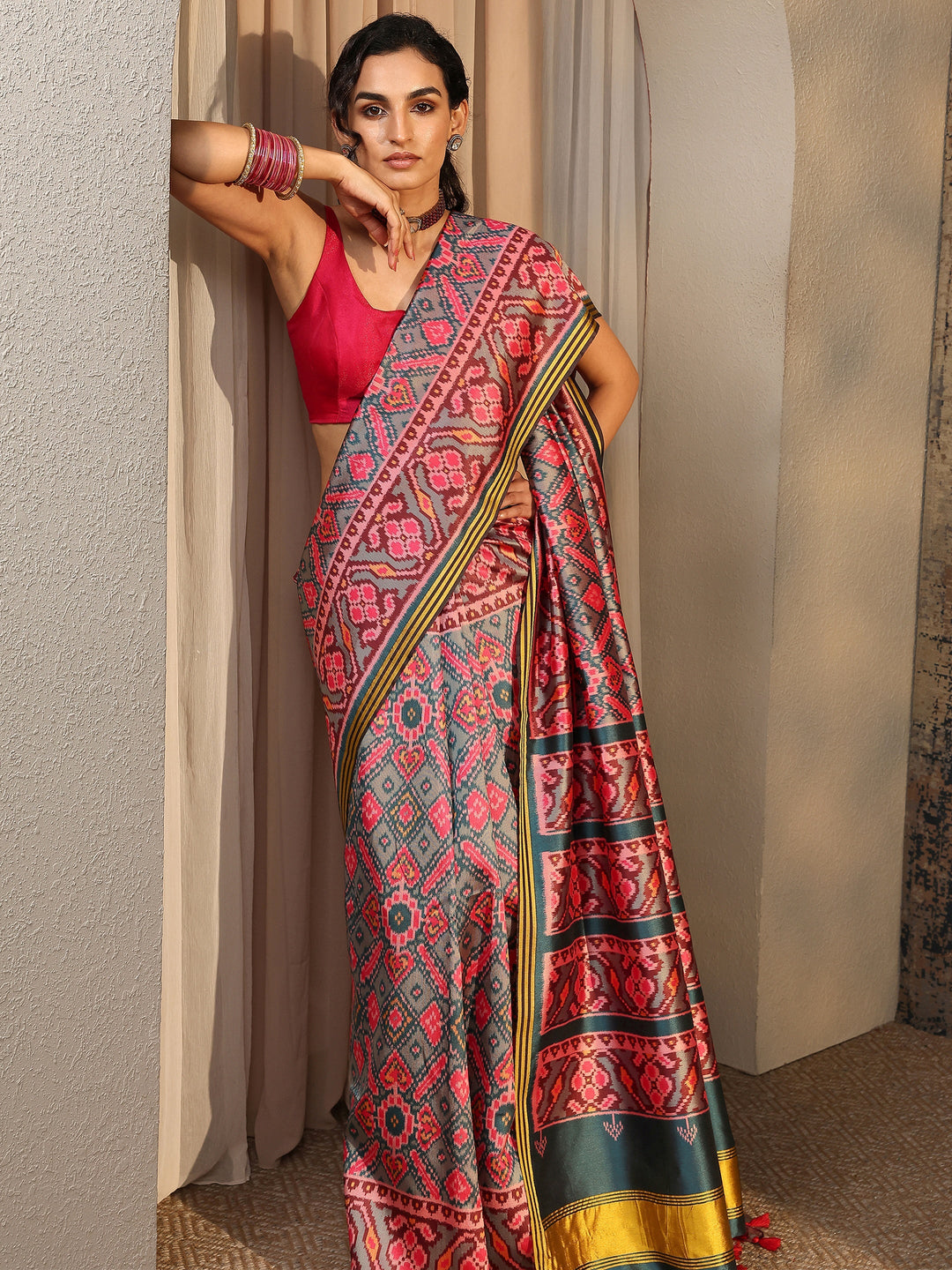  Pink Ikat Printed Silk Saree With Unstitched Blouse Piece 