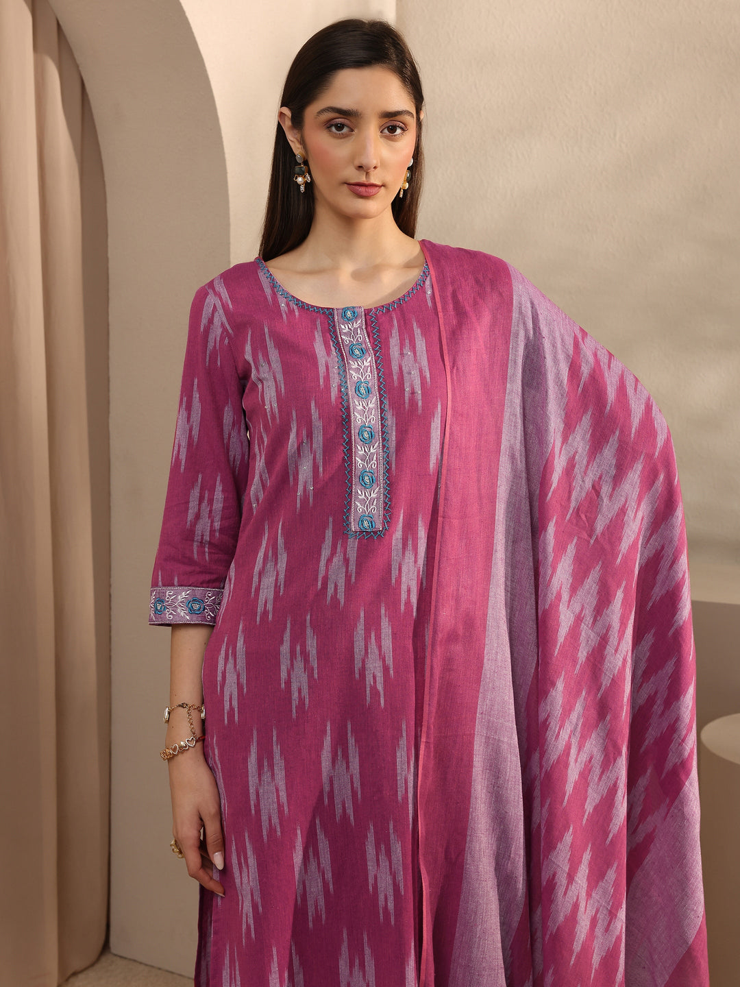 Pink Ikkat Print Cotton Straight Suit Set with Dupatta