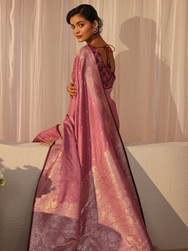 Libas Pink Kanjeevaram Silk Blend Saree