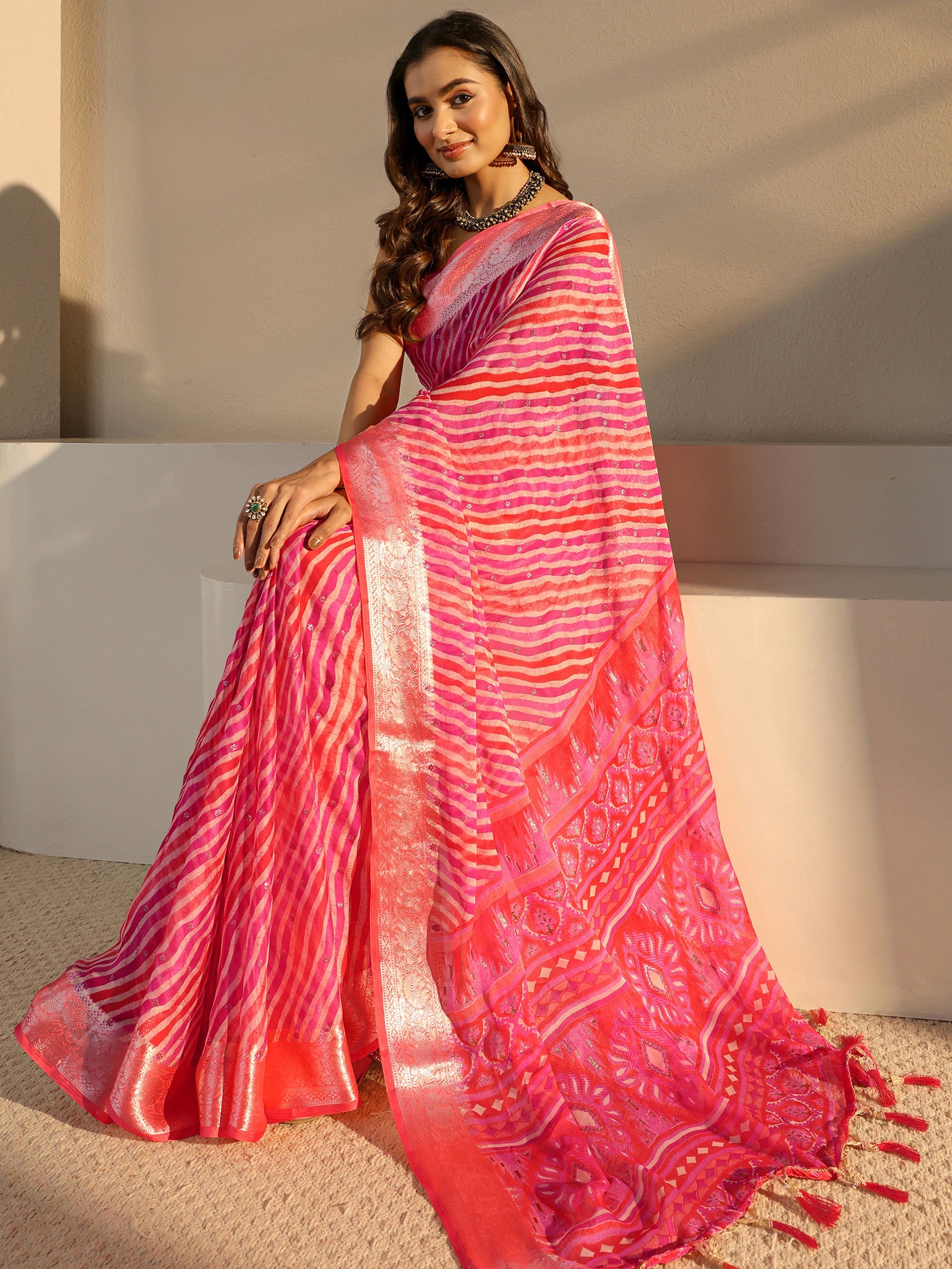 Libas Pink Leheriya Printed Chiffon Saree With Unstitched Blouse Piece-picture-42