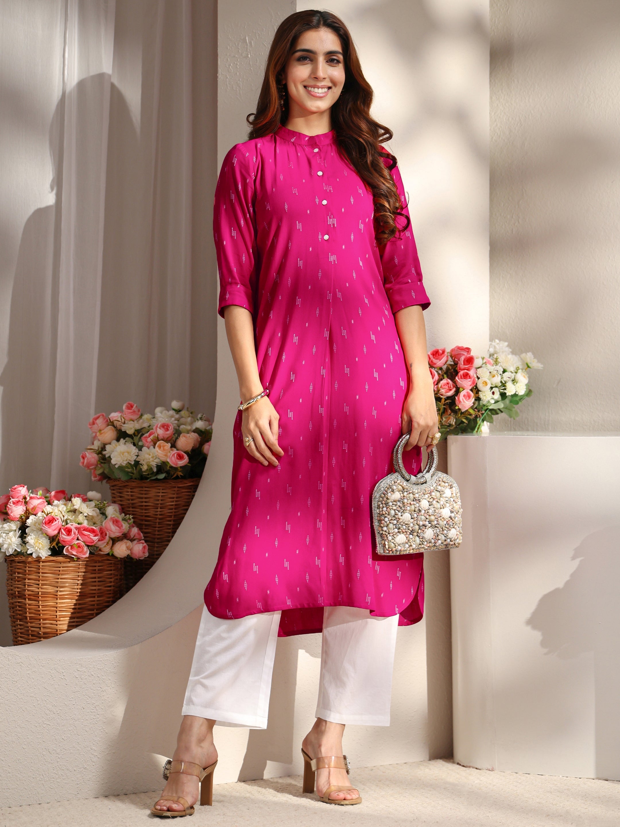 Libas Pink Mandarin Collar Embroidered Rayon Straight Kurta-image-28