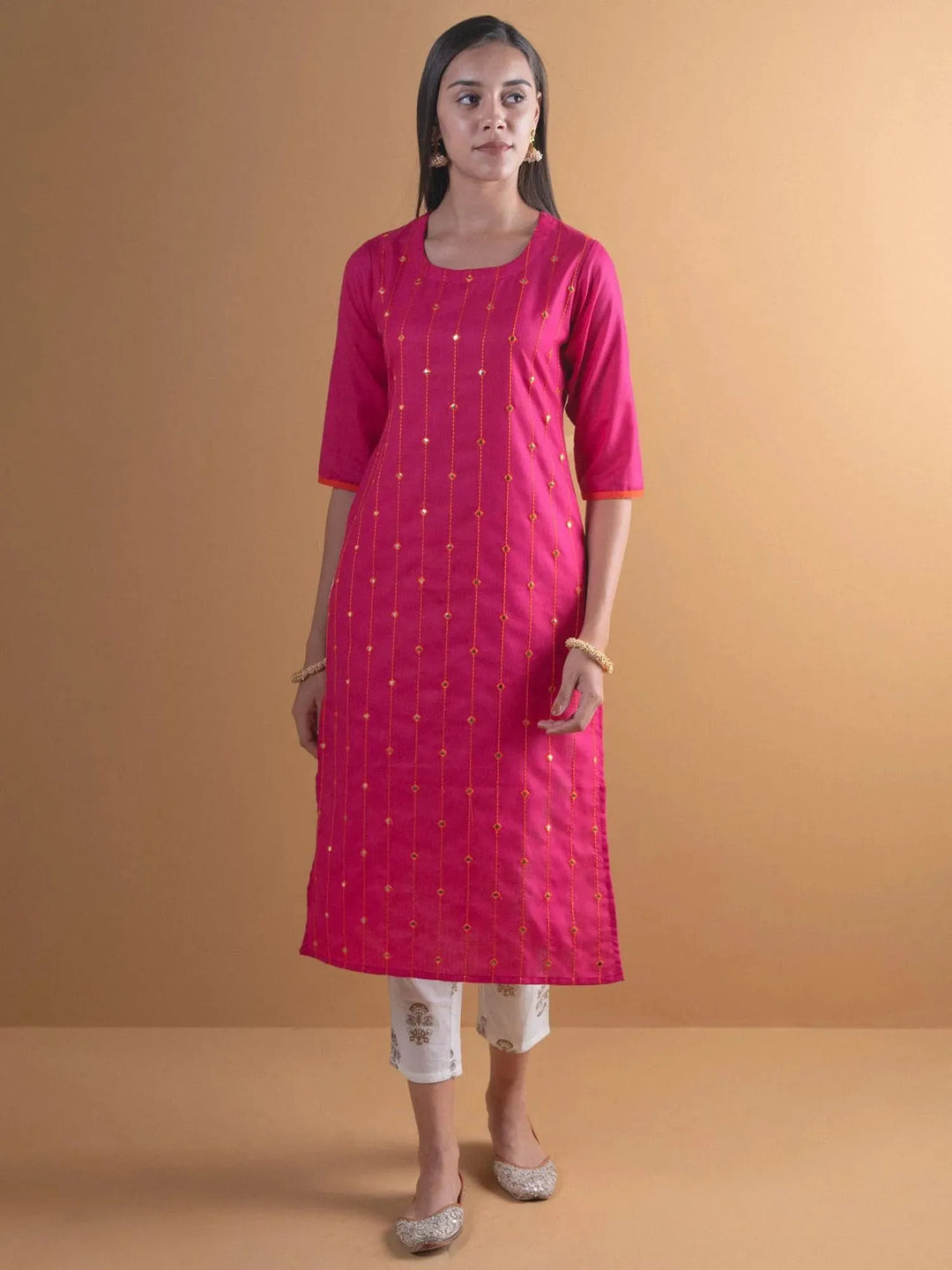 Pink Mirror Work Cotton Kurta - Libas