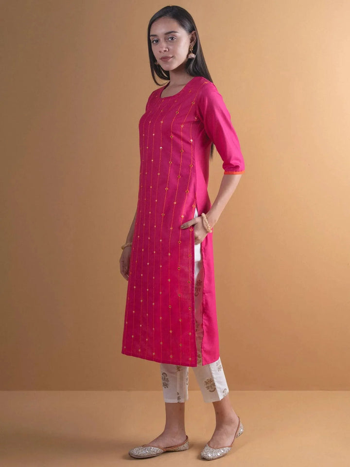 Pink Mirror Work Cotton Kurta - Libas