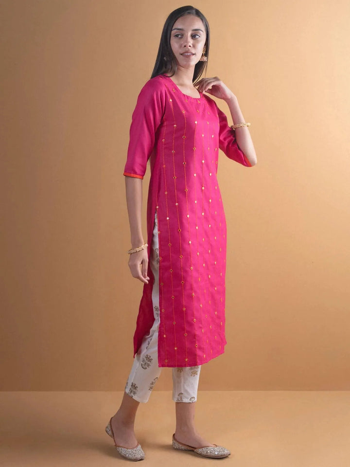 Pink Mirror Work Cotton Kurta - Libas