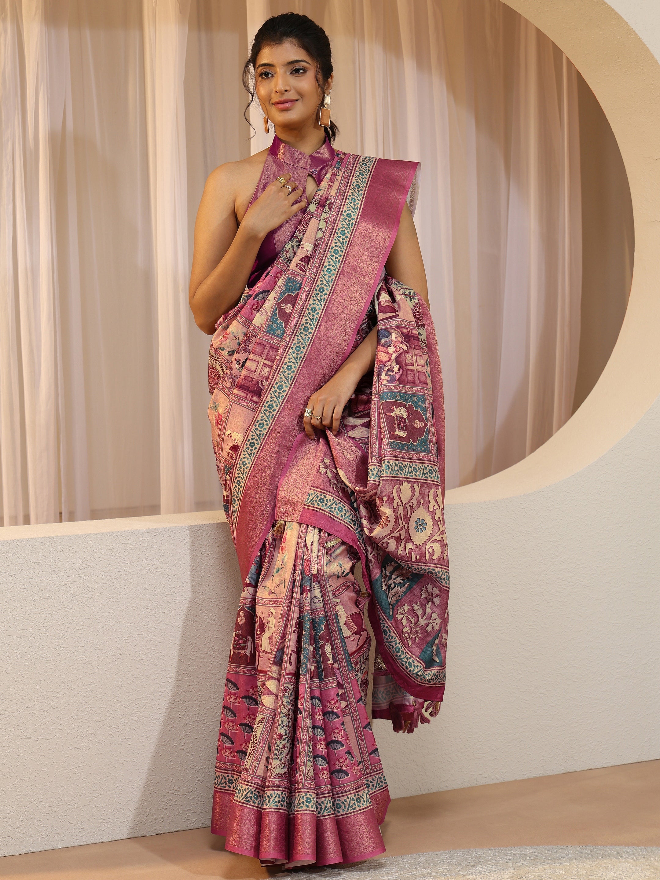 libas Pink Mughal Print Silk Blend Saree-picture-47
