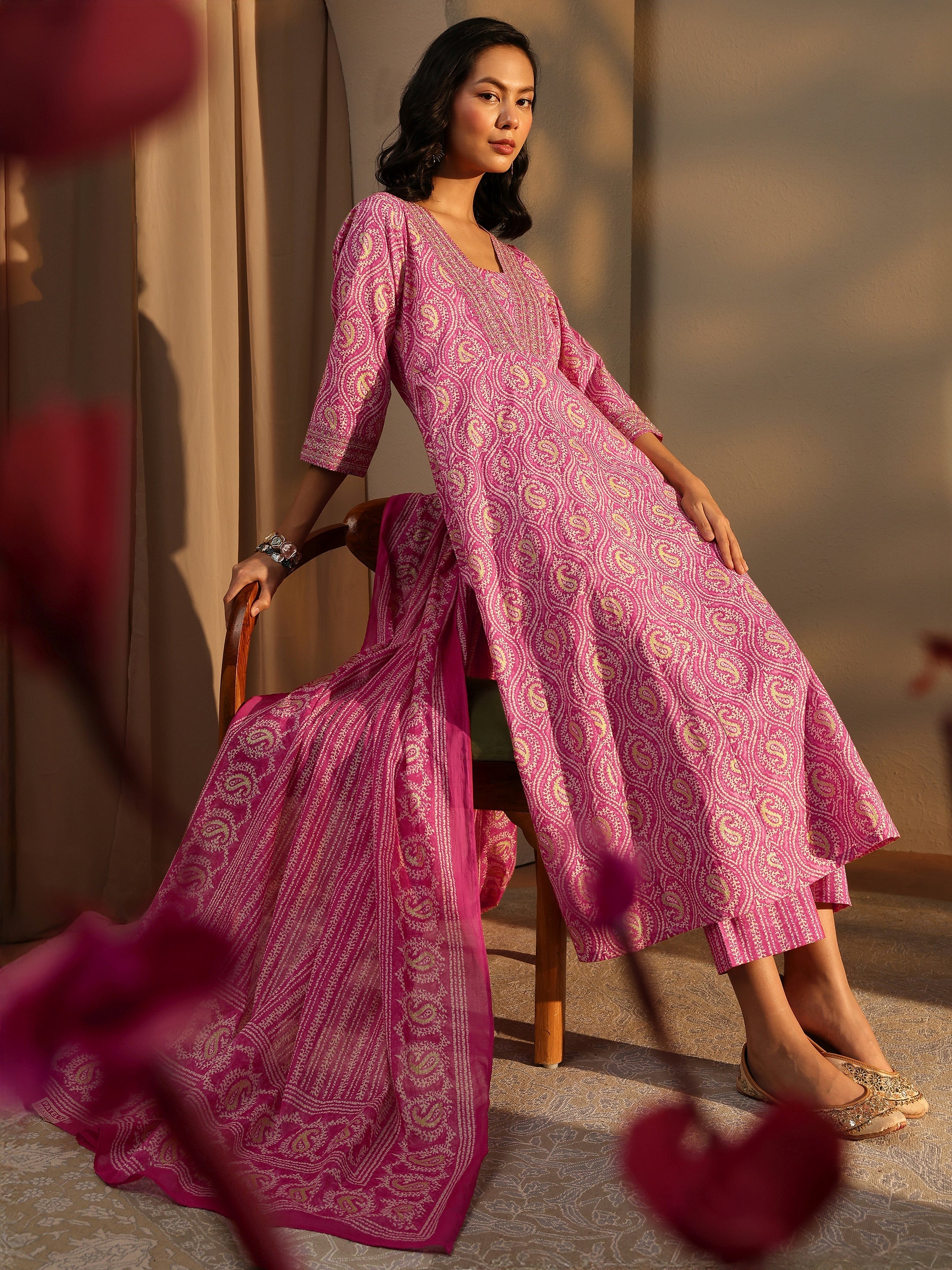 libas Pink Paisley Printed Cotton A-Line Suit Set With Dupatta-picture-17