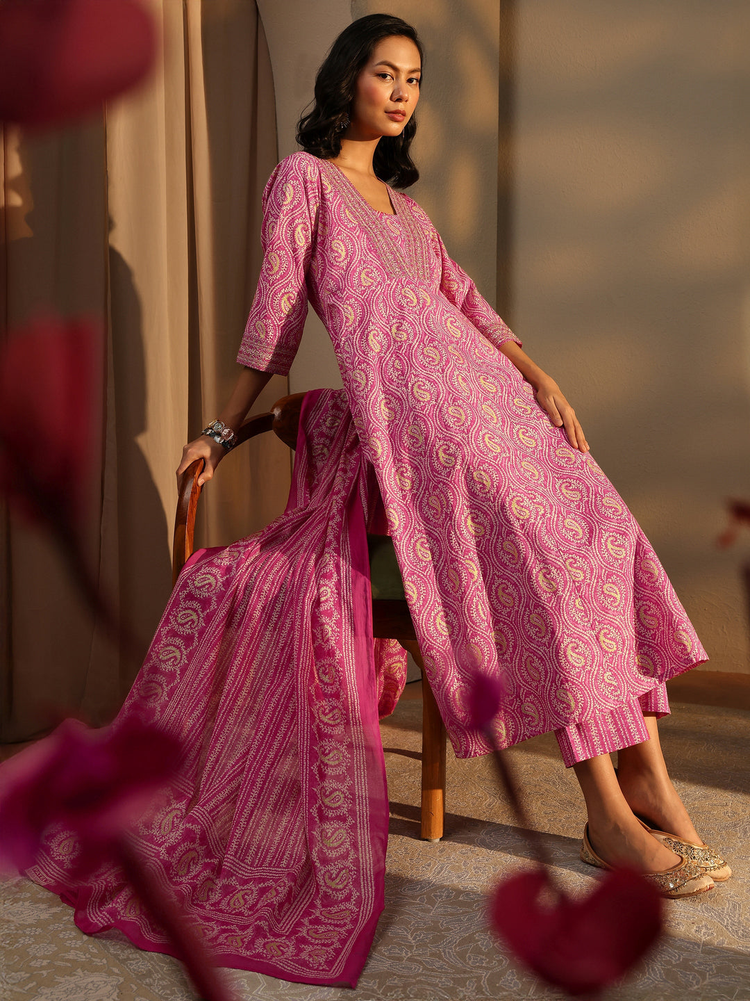 Pink Paisley Printed Cotton A-Line Suit Set With Dupatta