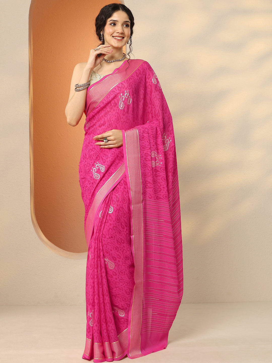  Pink Paisley Printed Georgette Saree With Unstitched Blouse Piece 