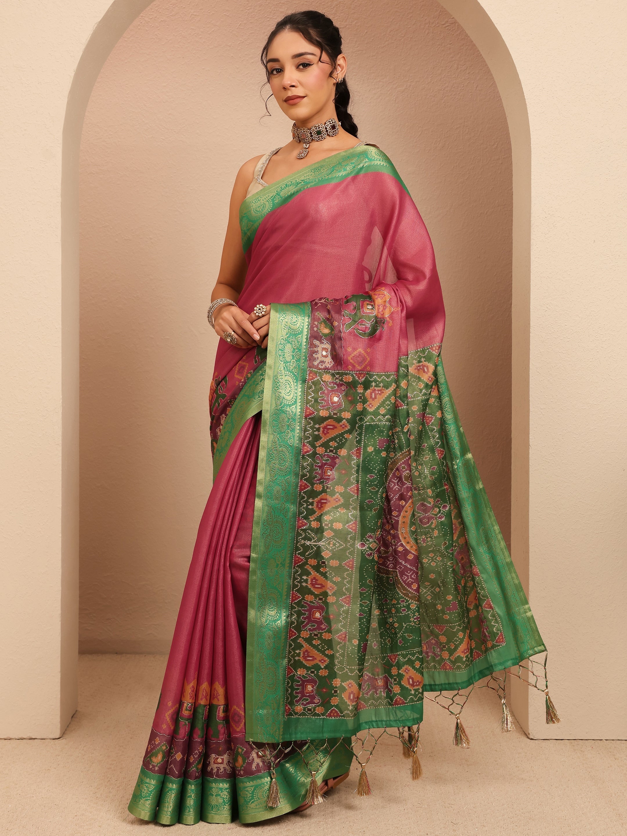 libas Pink Patola Border Silk Blend Saree-picture-63