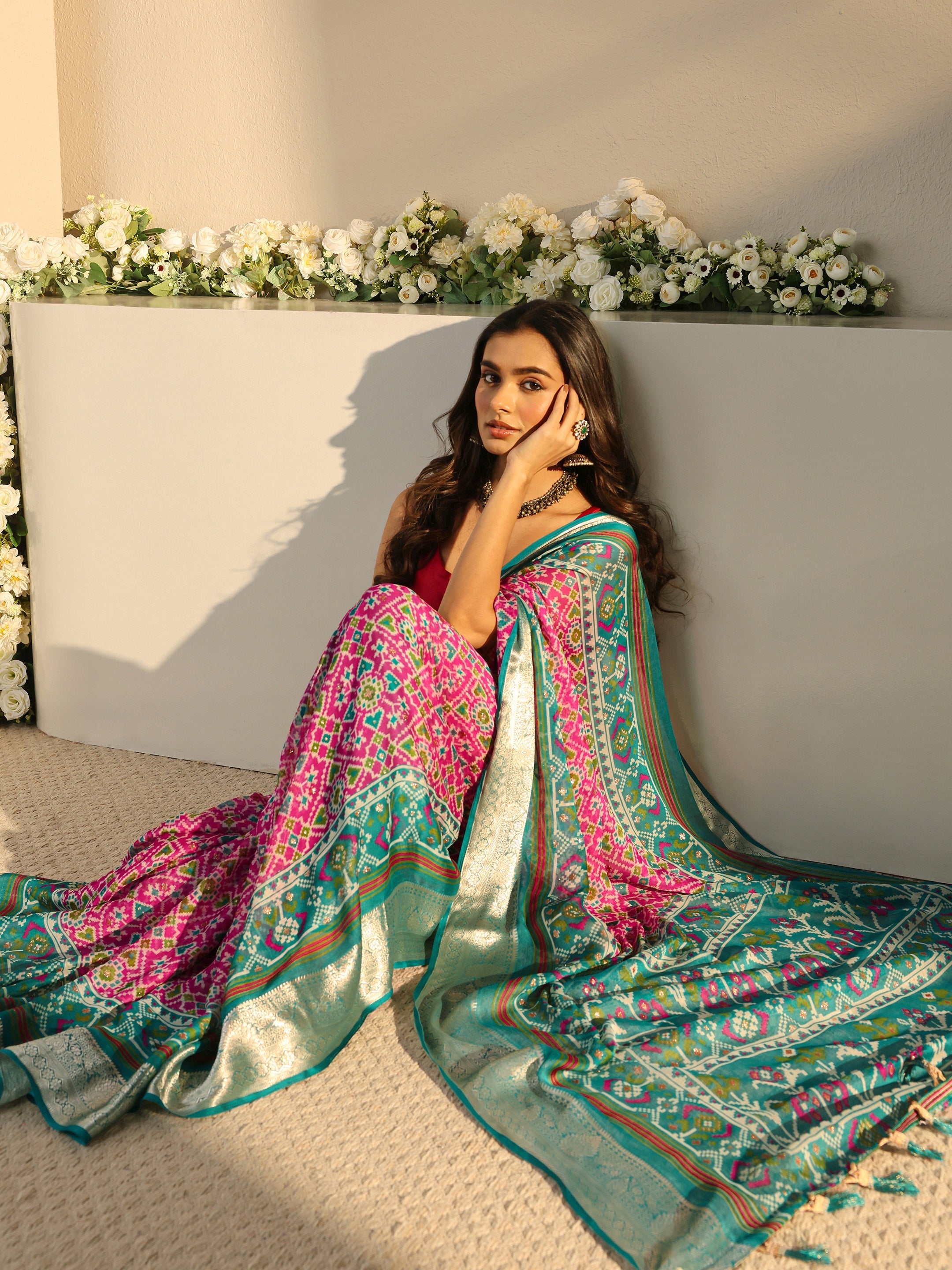Libas Pink Pochampally Ikkat Chiffon Saree With Unstitched Blouse Piece-picture-53