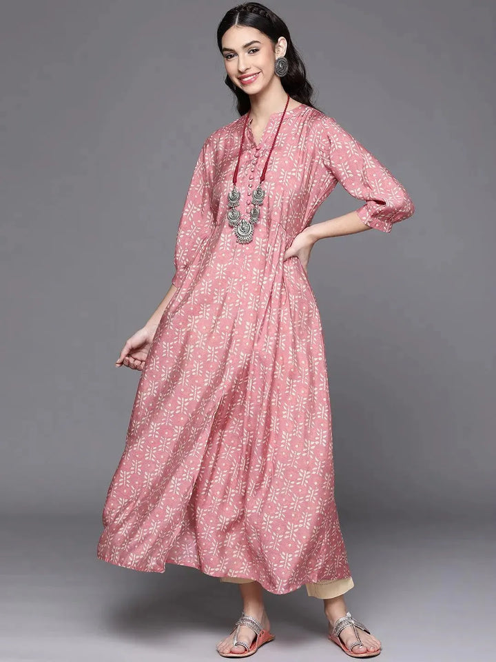 Pink Printed Chanderi Silk Kurta - Libas