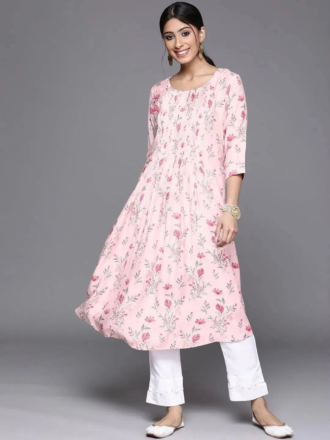 Pink Printed Chanderi Silk Kurta - Libas