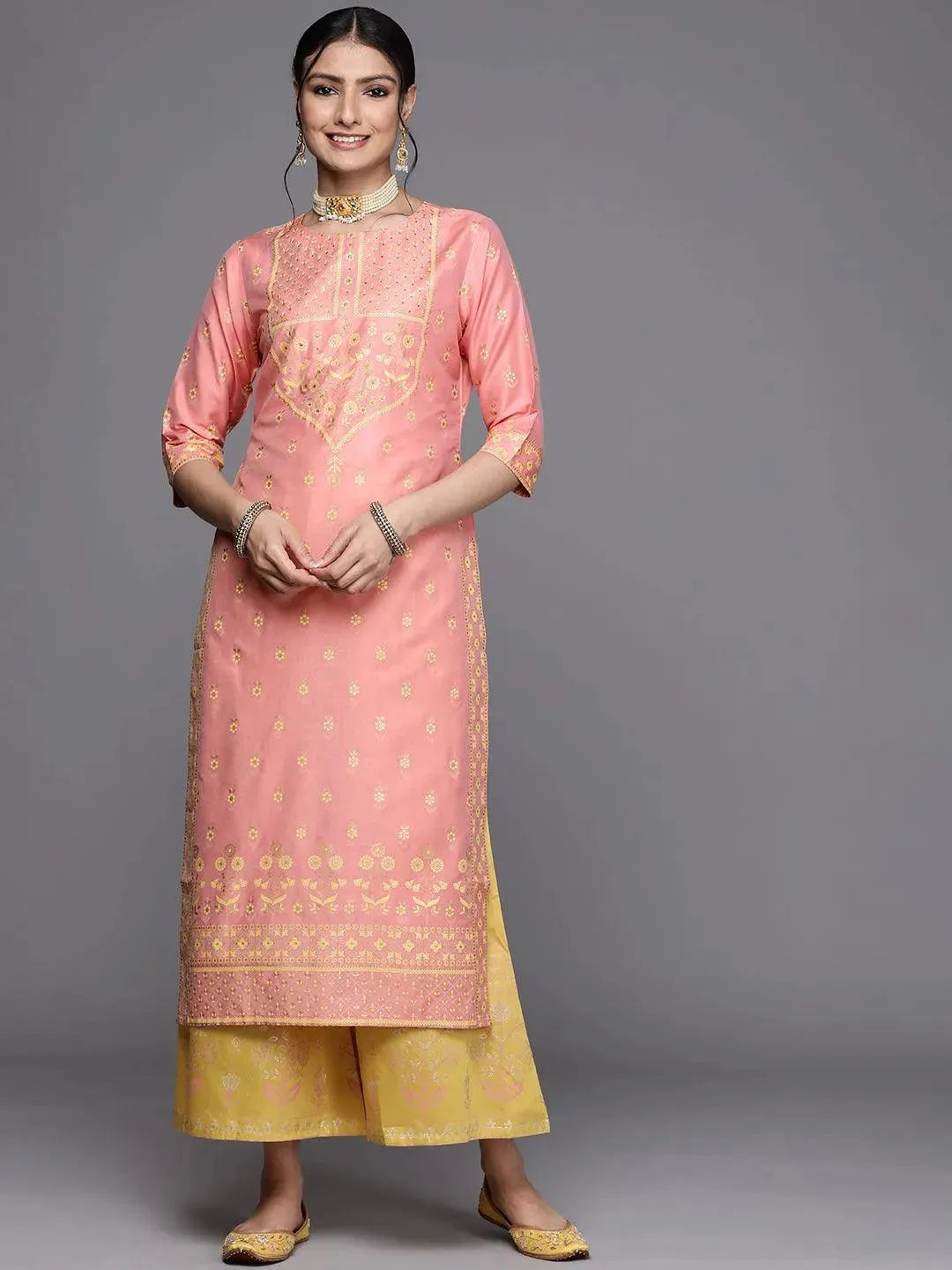 Pink Printed Chanderi Silk Kurta - Libas