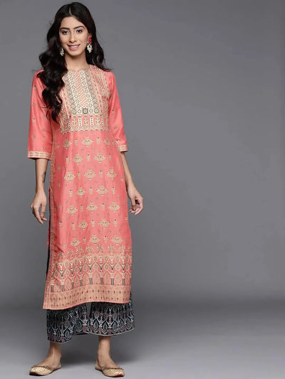 Pink Printed Chanderi Silk Kurta - Libas