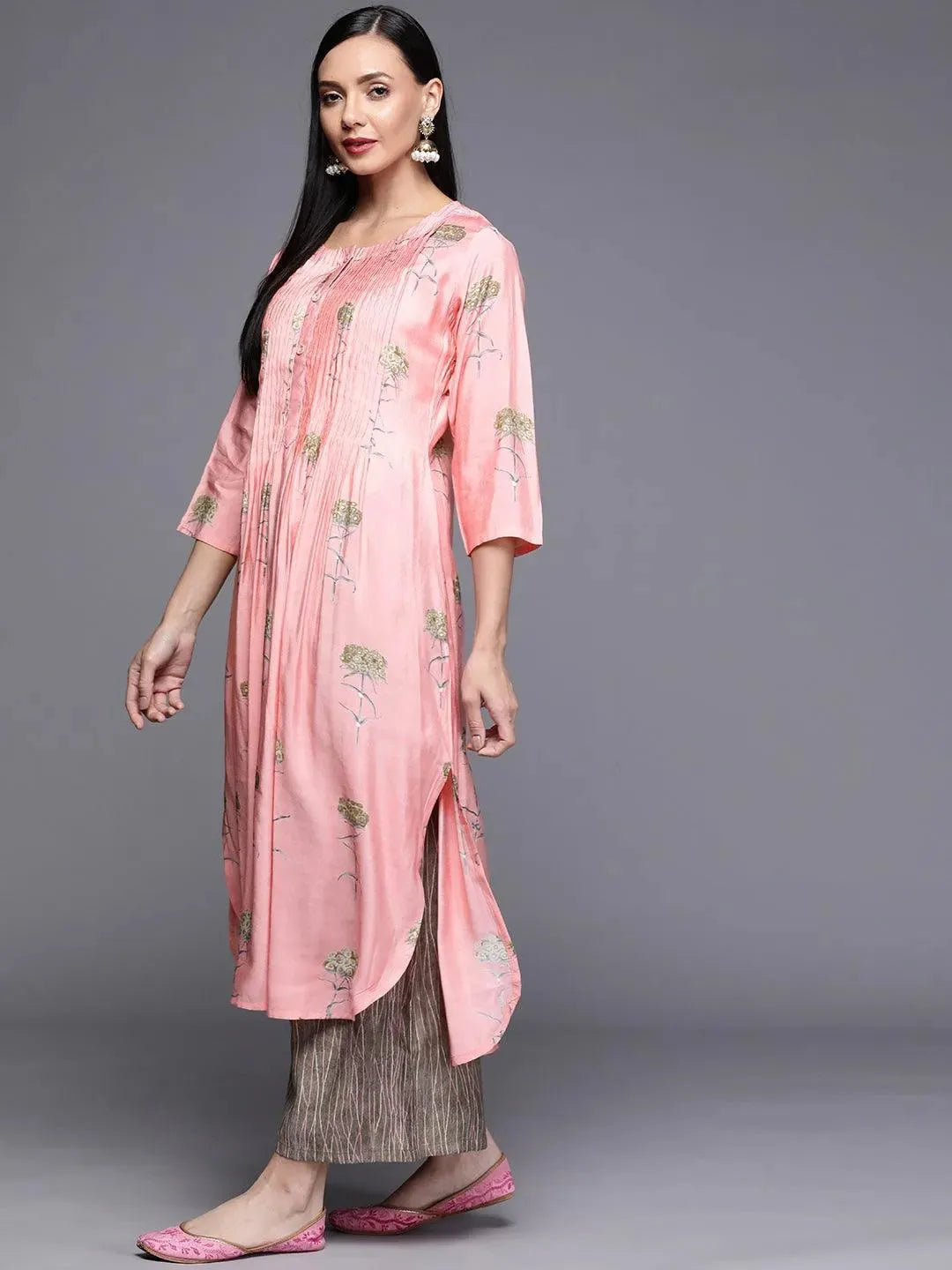 Pink Printed Chanderi Silk Kurta - Libas