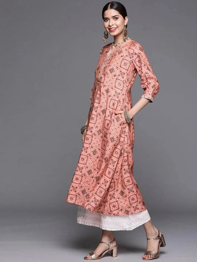 Pink Printed Chanderi Silk Kurta - Libas