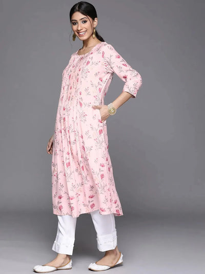 Pink Printed Chanderi Silk Kurta - Libas