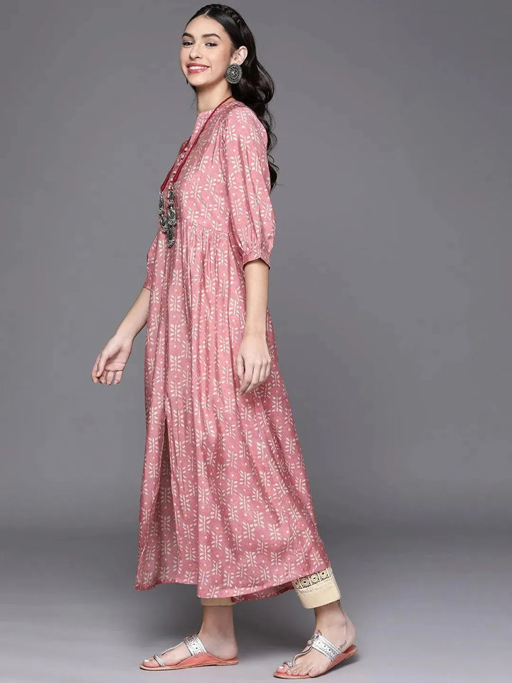 Pink Printed Chanderi Silk Kurta - Libas