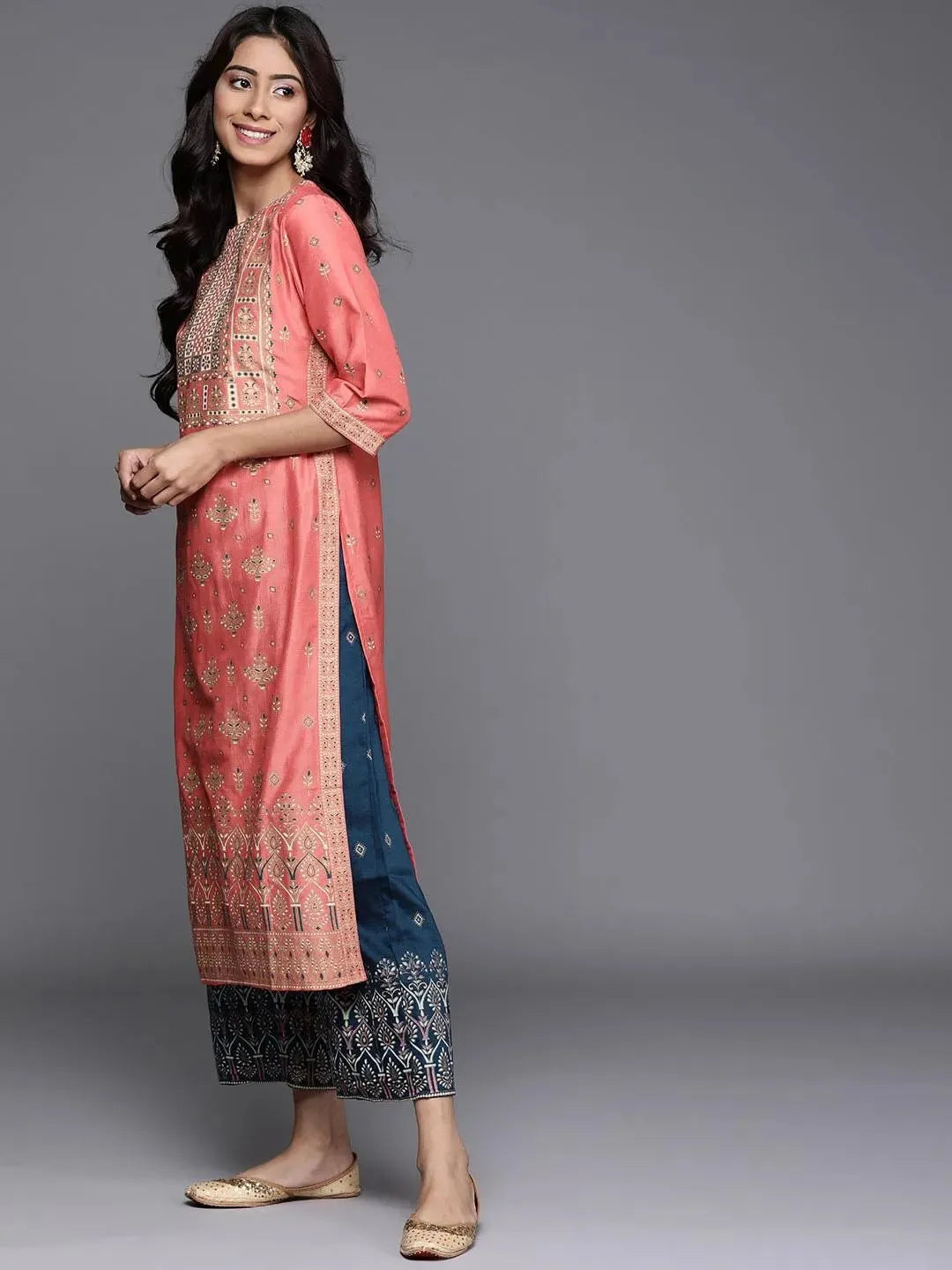 Pink Printed Chanderi Silk Kurta - Libas