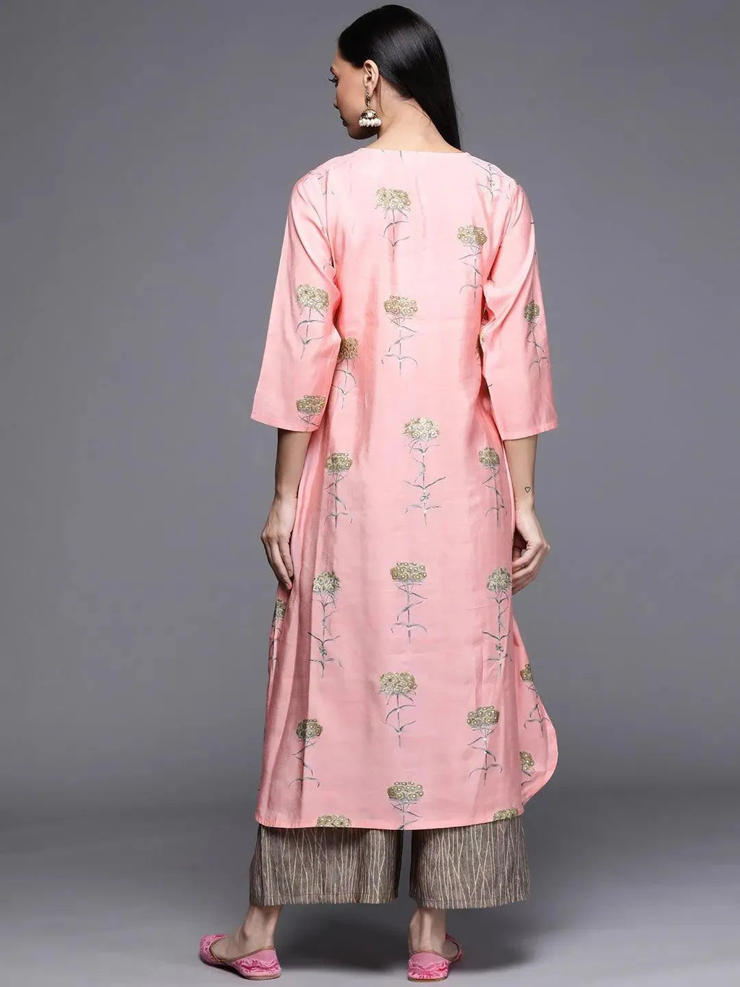 Pink Printed Chanderi Silk Kurta - Libas