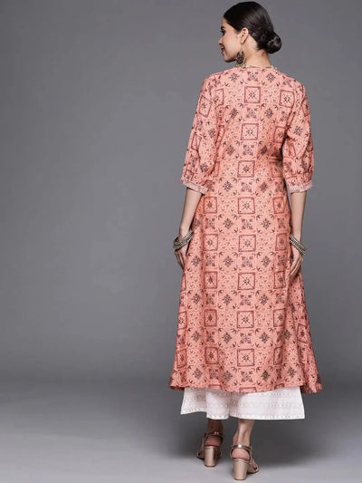 Pink Printed Chanderi Silk Kurta - Libas