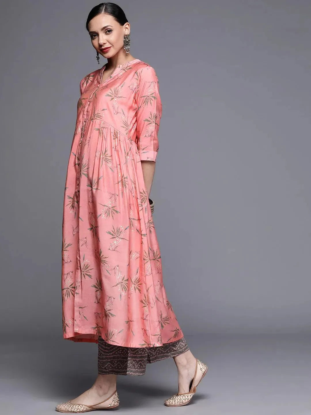 Pink Printed Chanderi Silk Kurta - Libas 