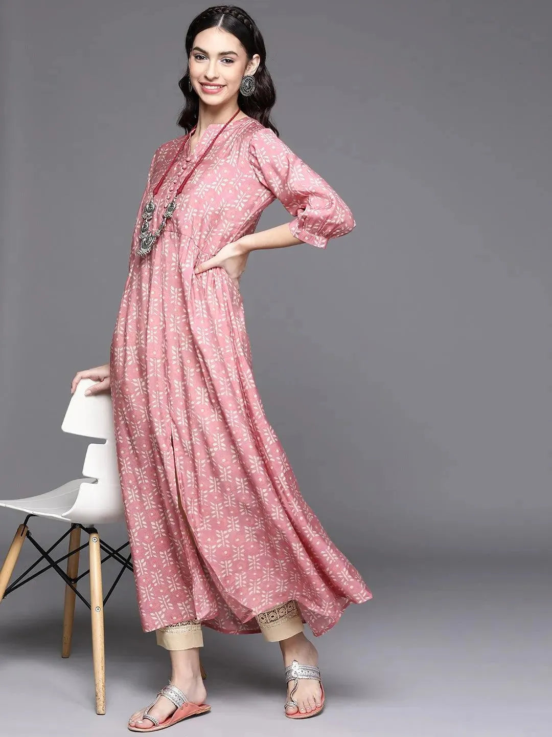 Pink Printed Chanderi Silk Kurta - Libas 