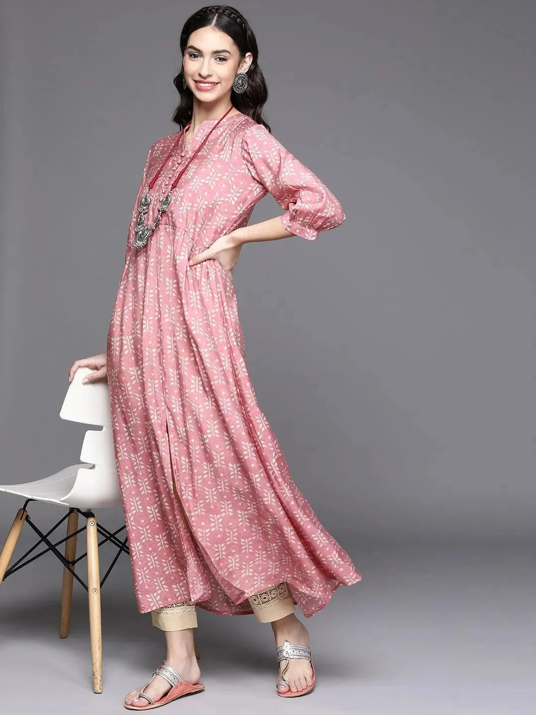 Pink Printed Chanderi Silk Kurta - Libas