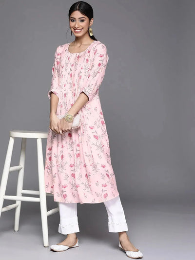 Pink Printed Chanderi Silk Kurta - Libas