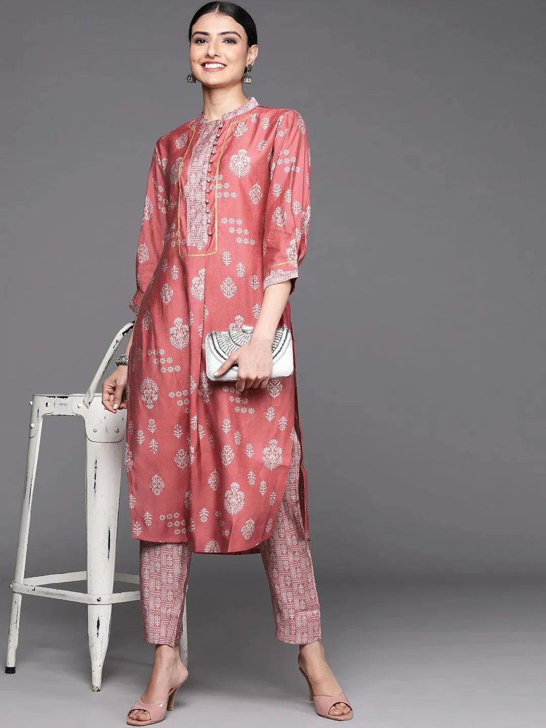 Pink Printed Chanderi Silk Kurta - Libas