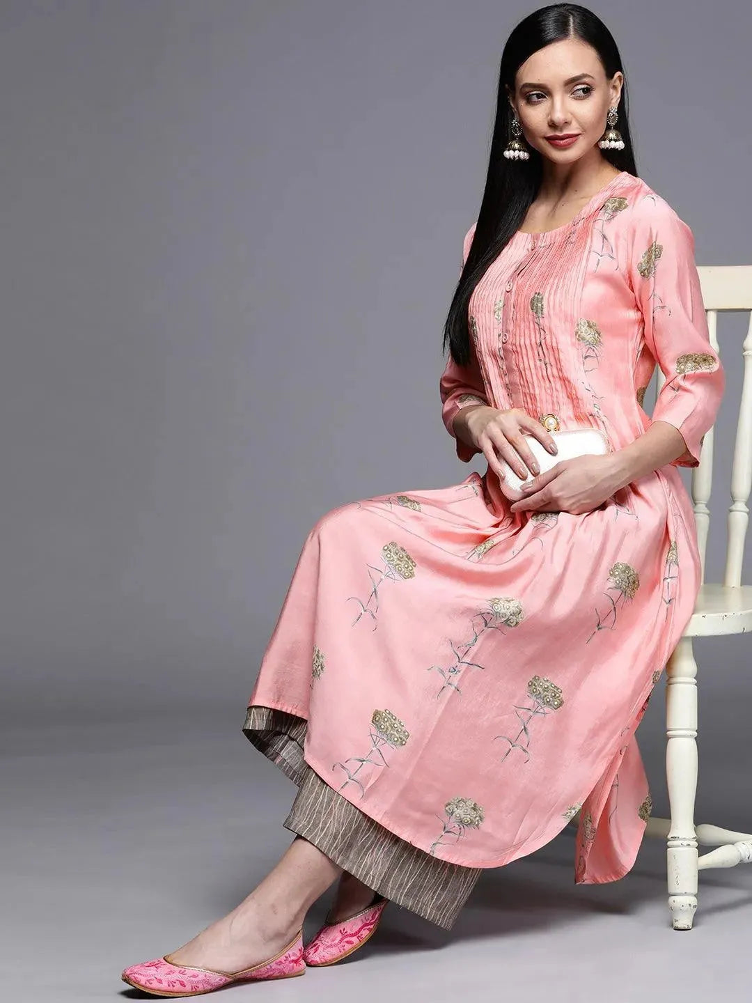 Pink Printed Chanderi Silk Kurta - Libas