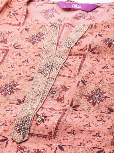 Pink Printed Chanderi Silk Kurta - Libas
