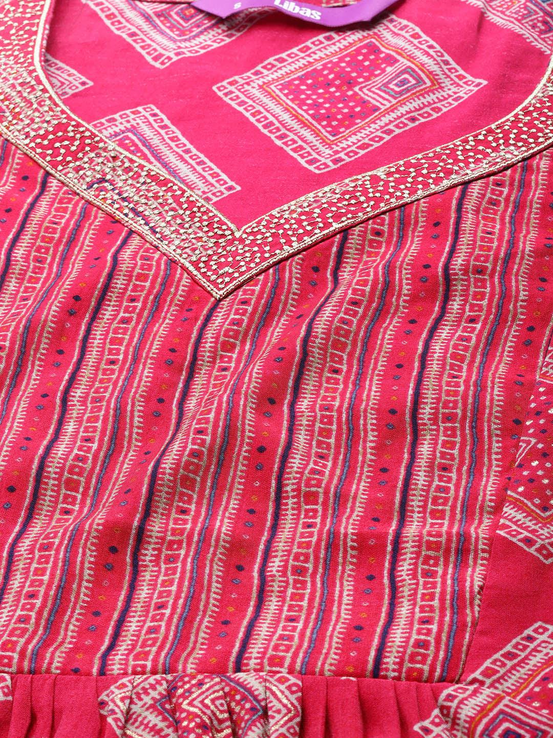 Pink Printed Chanderi Silk Kurta - Libas