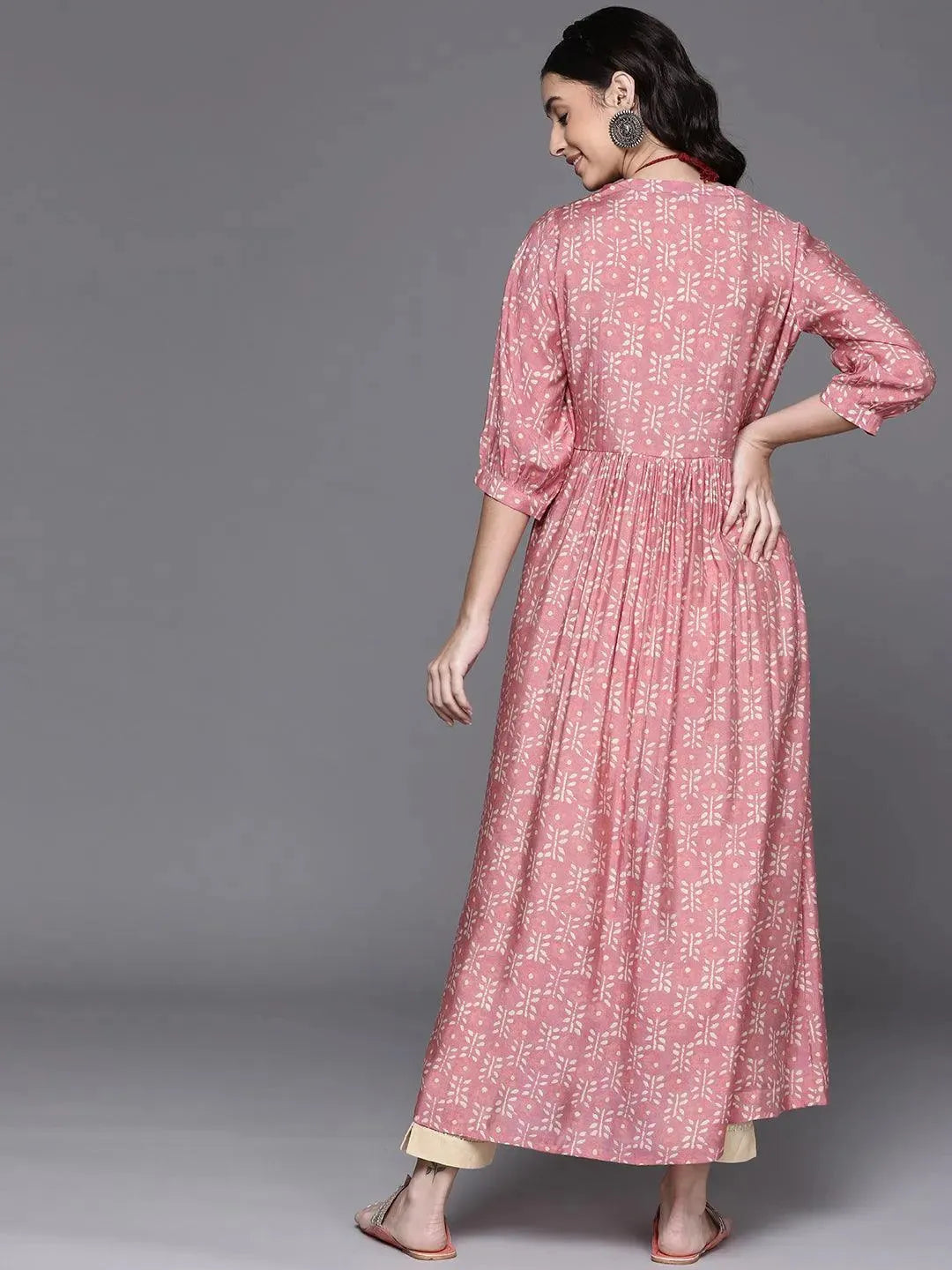 Pink Printed Chanderi Silk Kurta - Libas