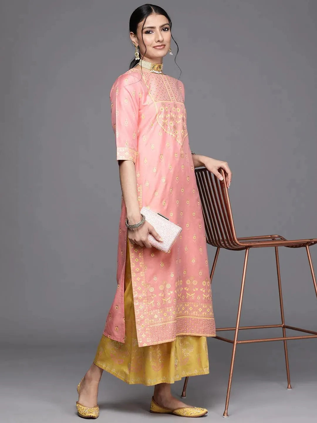 Pink Printed Chanderi Silk Kurta - Libas