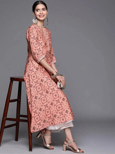 Pink Printed Chanderi Silk Kurta - Libas