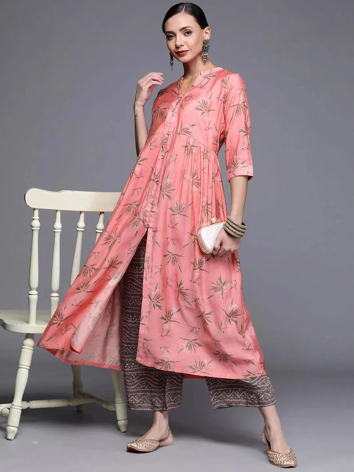 Pink Printed Chanderi Silk Kurta - Libas