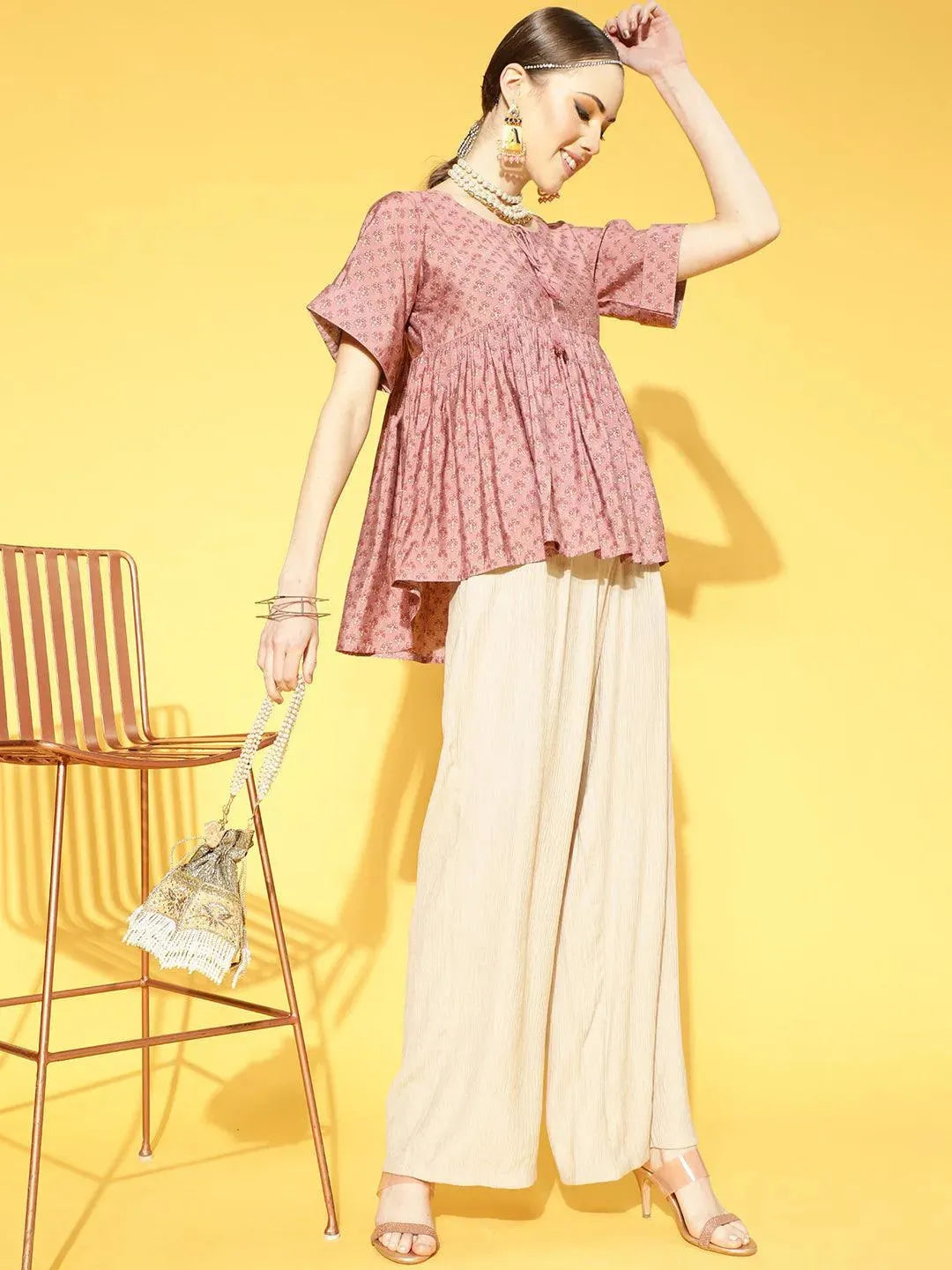 Pink Printed Chanderi Silk Kurti - Libas 