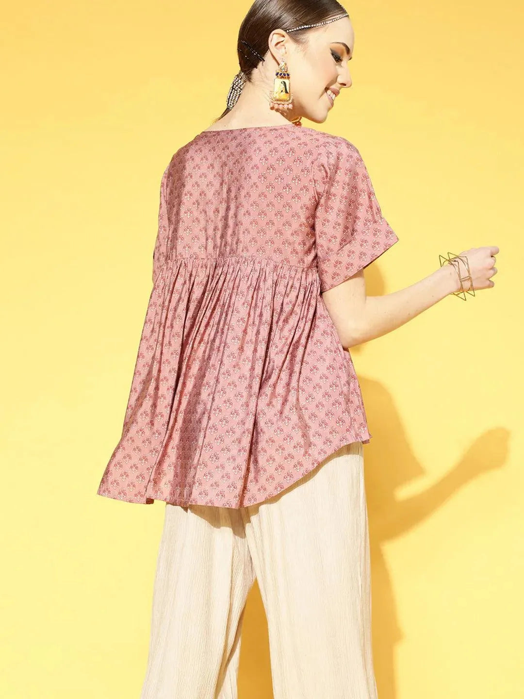 Pink Printed Chanderi Silk Kurti - Libas 