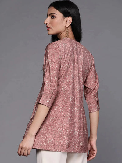 Pink Printed Chanderi Silk Kurti - Libas