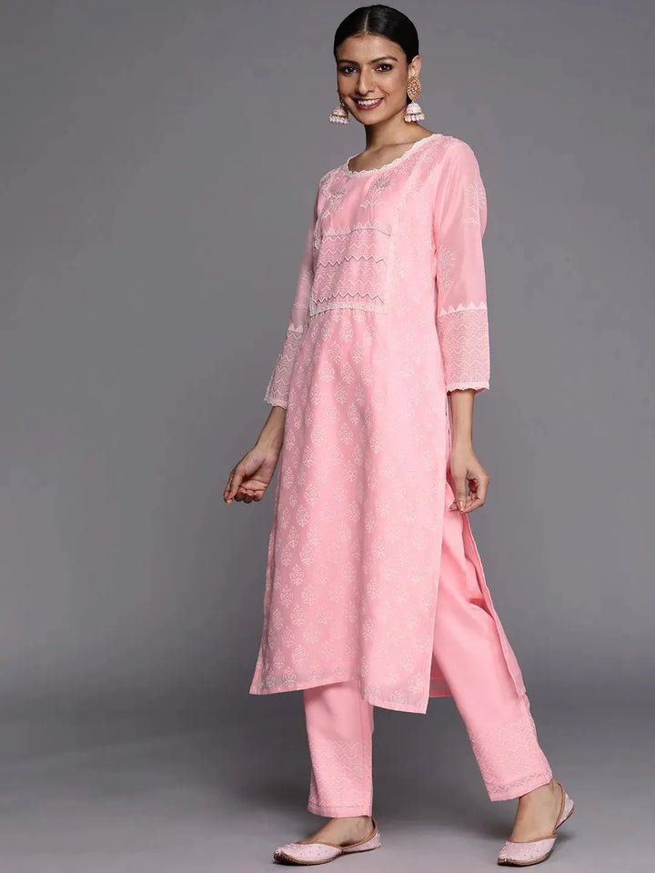 Pink Printed Chanderi Silk Straight Suit Set - Libas